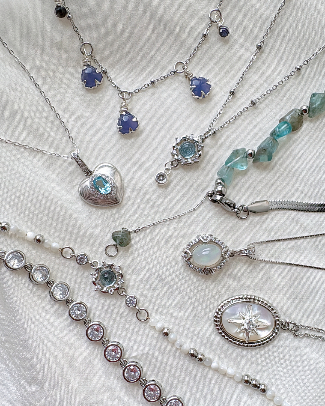 Mother of Pearl Starburst Silver Long Necklace
