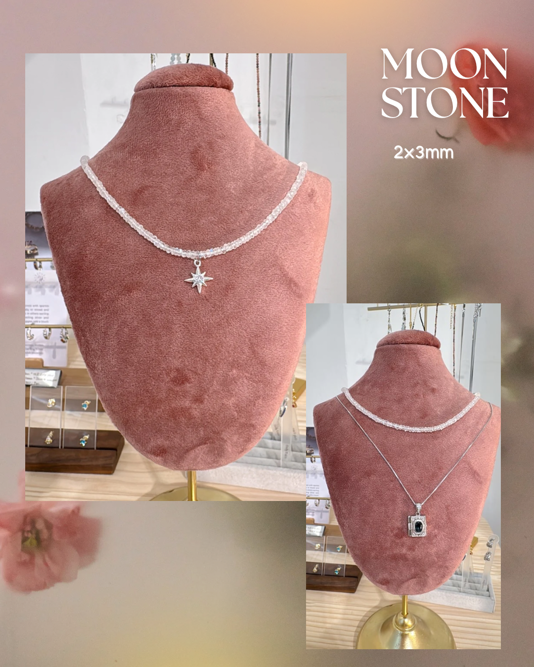 Moonstone Necklace – Elegant Blue Sheen | 3x4mm / 2x3mm
