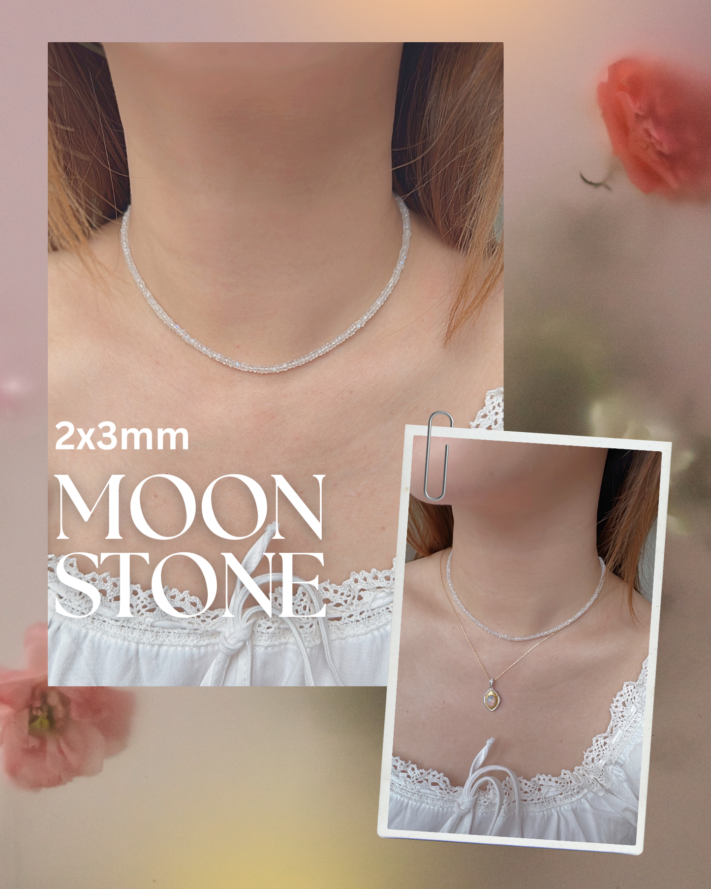 Moonstone Necklace – Elegant Blue Sheen | 3x4mm / 2x3mm