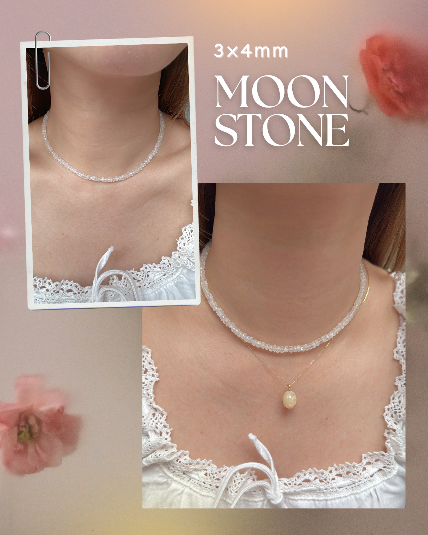 Moonstone Necklace – Elegant Blue Sheen | 3x4mm / 2x3mm