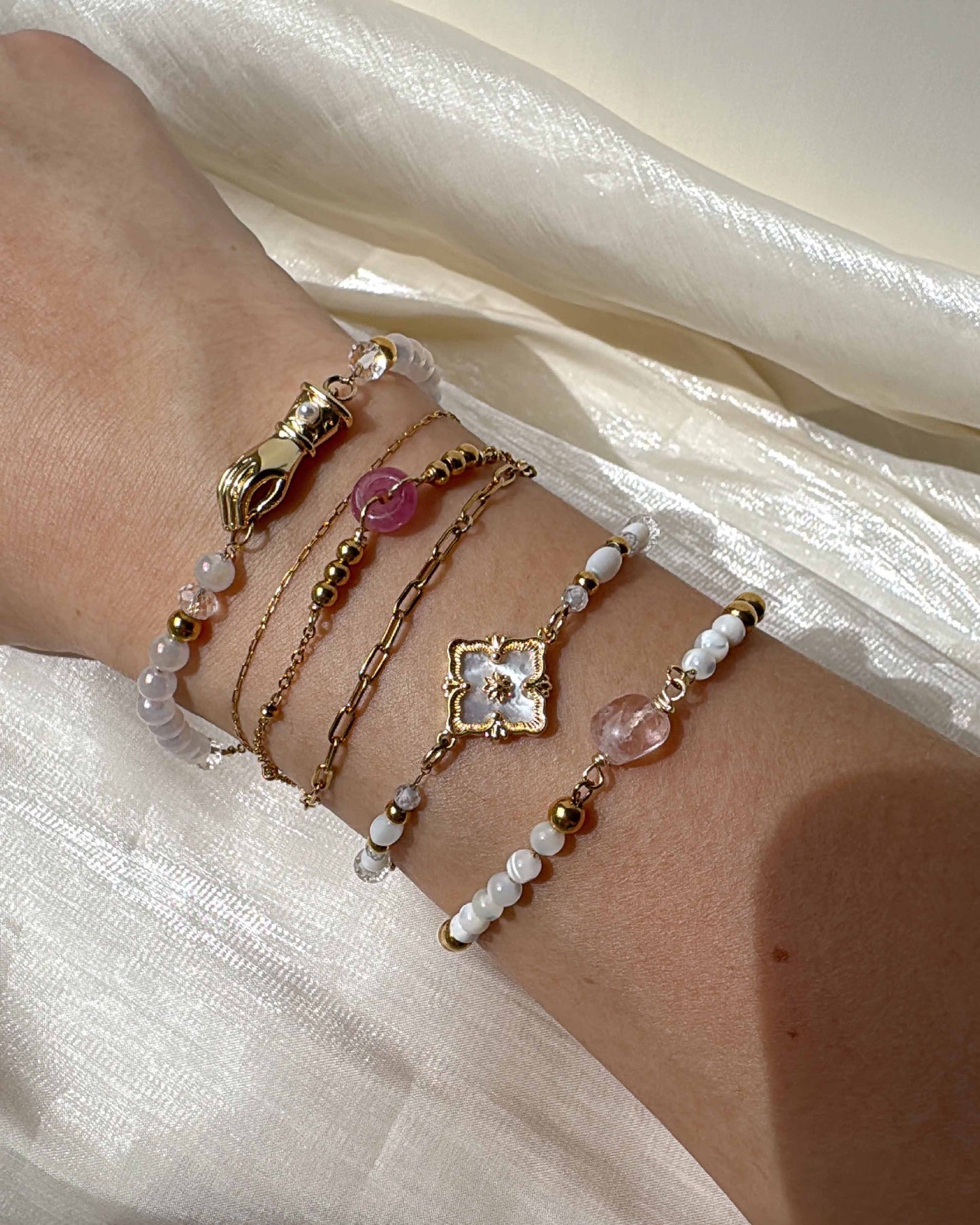 Pink Blush Bracelet Collection|Moganite|Mother of Pearl|Rose Quartz||Tourmaline