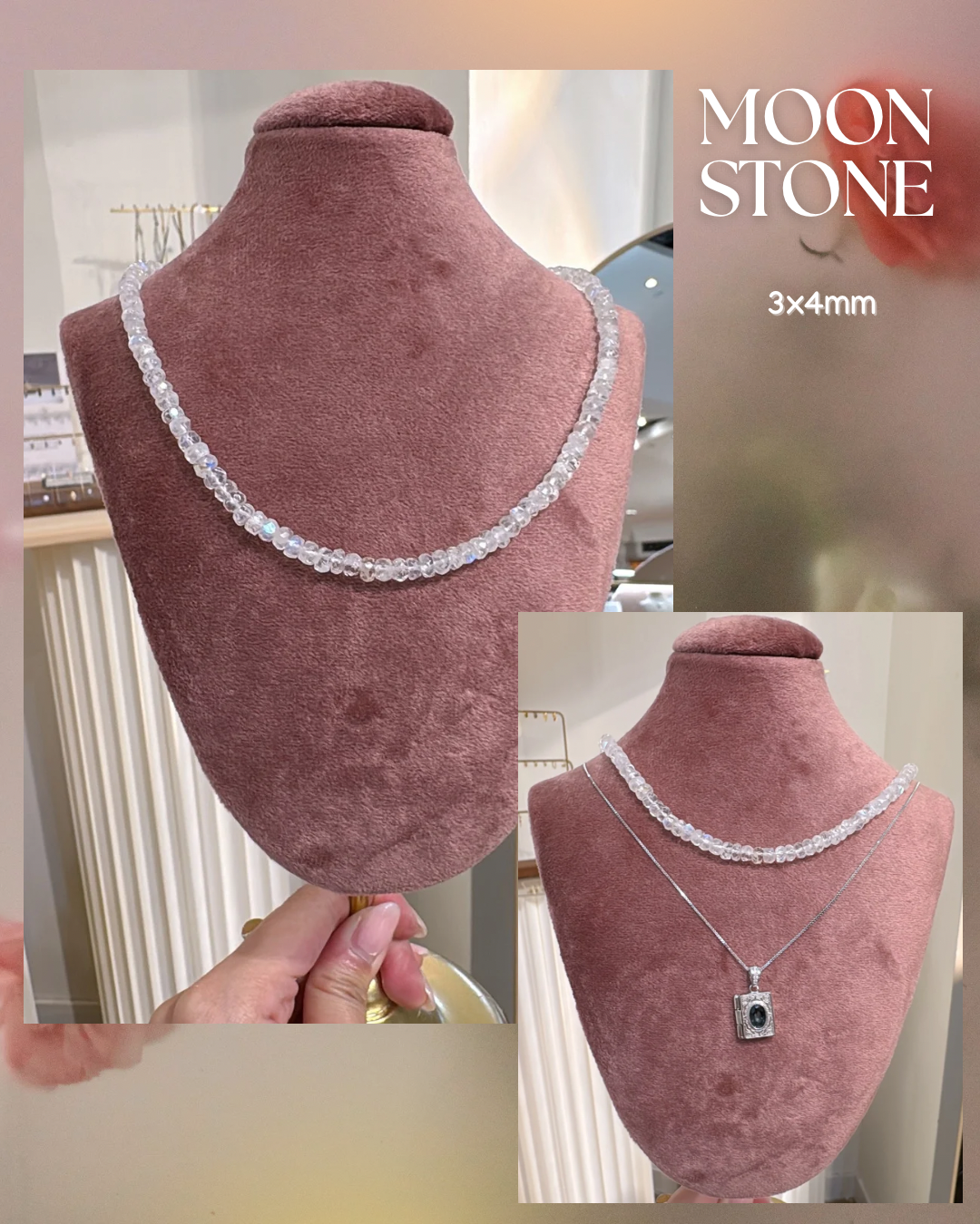 Moonstone Necklace – Elegant Blue Sheen | 3x4mm / 2x3mm