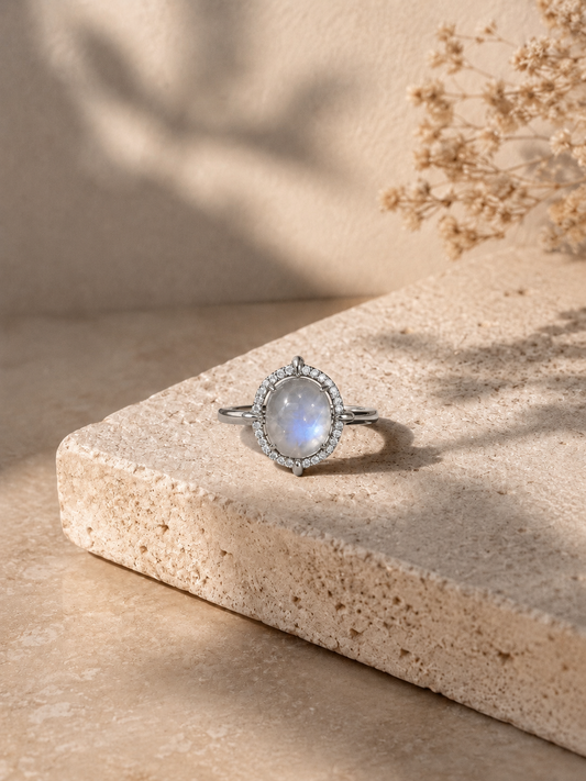 Bold Moonstone Halo Rings