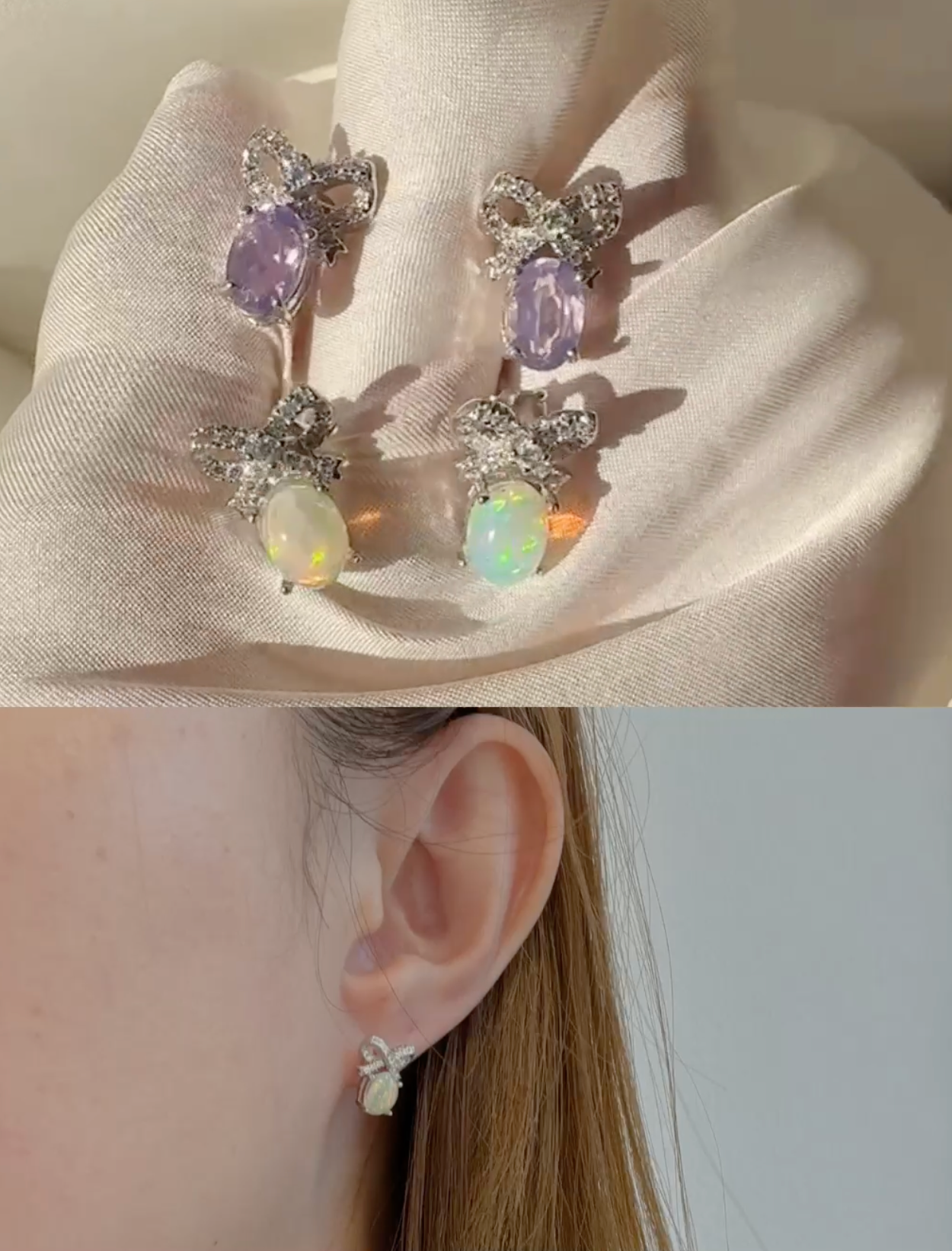 Crystal Ribbon Bow Earrings |Opal | Lavender Quartz | Rose Quartz